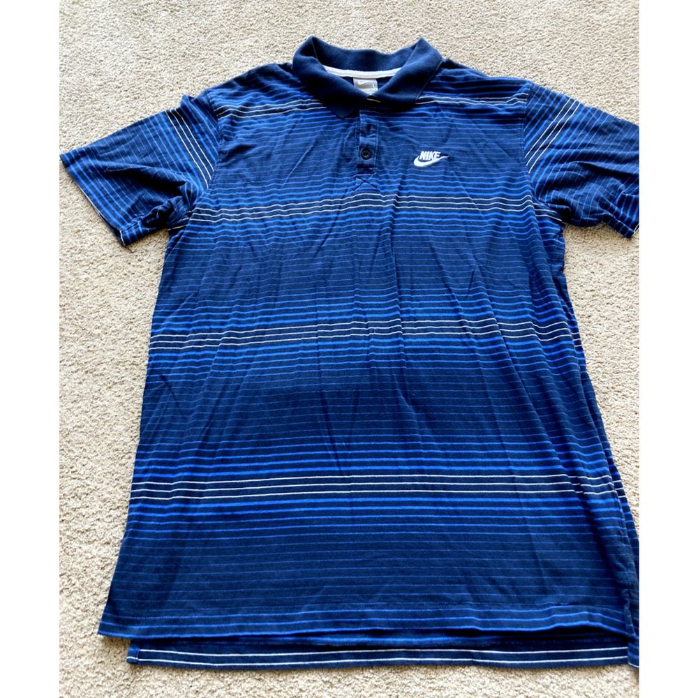 Nike Men's Large Polo Blue Striped Swoosh Logo